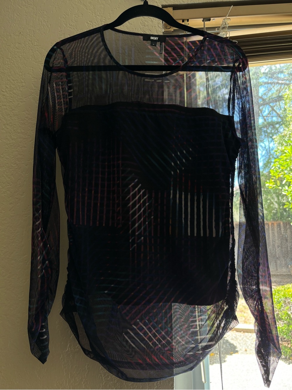 DKNY Black Sheer Long-Sleeve Mesh Top with Subtle Stripe Detail
